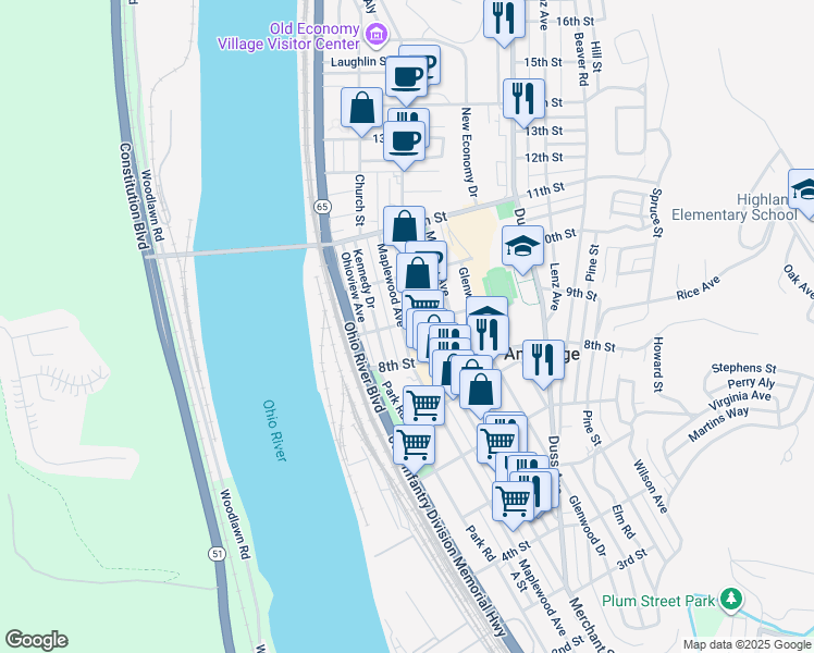 map of restaurants, bars, coffee shops, grocery stores, and more near 836 Maplewood Avenue in Ambridge