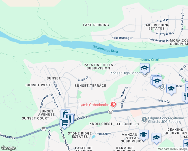 map of restaurants, bars, coffee shops, grocery stores, and more near 891 Palatine Court in Redding