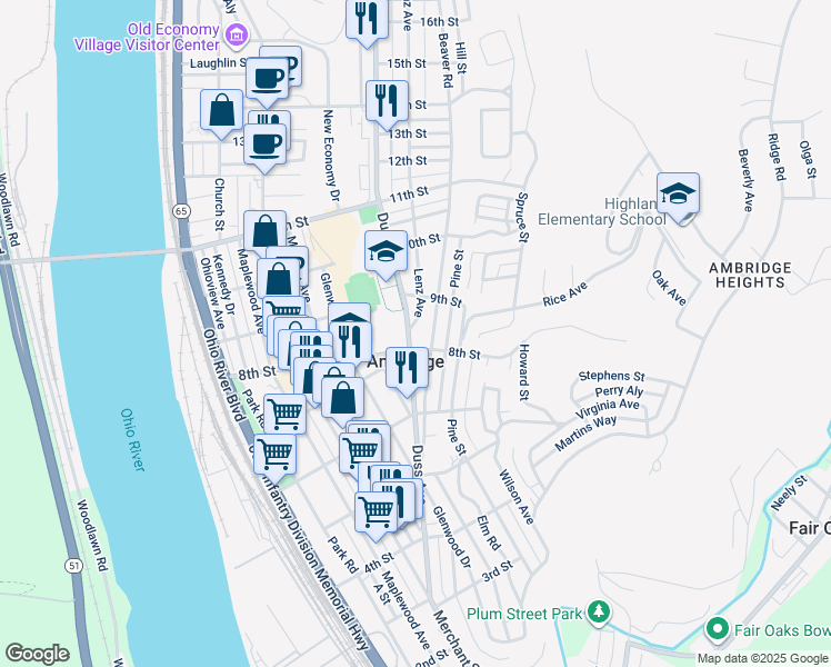 map of restaurants, bars, coffee shops, grocery stores, and more near 818 Duss Avenue in Ambridge