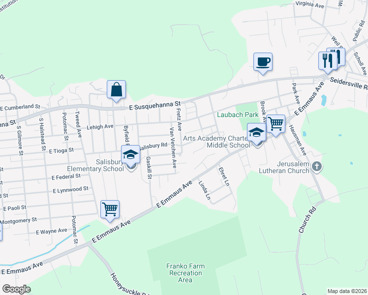 map of restaurants, bars, coffee shops, grocery stores, and more near 1403 Fretz Avenue in Allentown