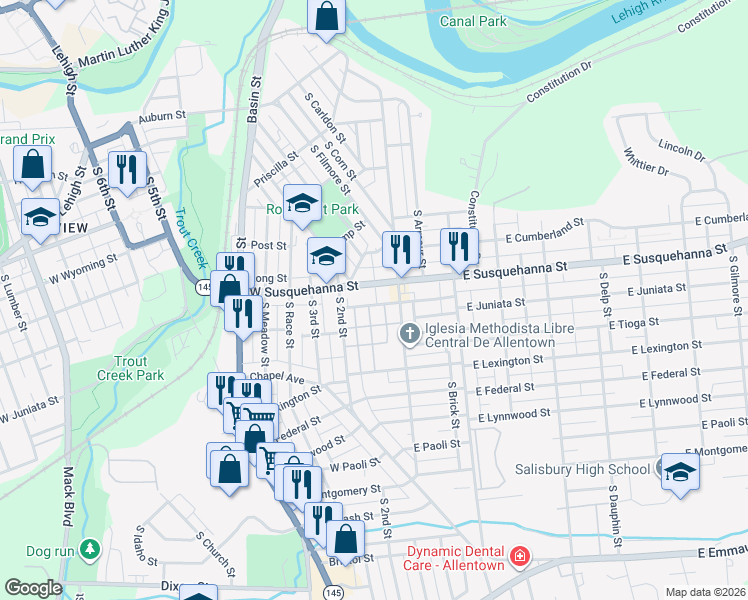 map of restaurants, bars, coffee shops, grocery stores, and more near 134 West Susquehanna Street in Allentown