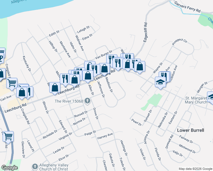 map of restaurants, bars, coffee shops, grocery stores, and more near 109 Jefferson Drive in New Kensington
