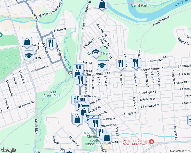 map of restaurants, bars, coffee shops, grocery stores, and more near 312 West Susquehanna Street in Allentown