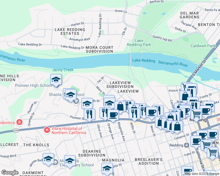 map of restaurants, bars, coffee shops, grocery stores, and more near 798 West Street in Redding