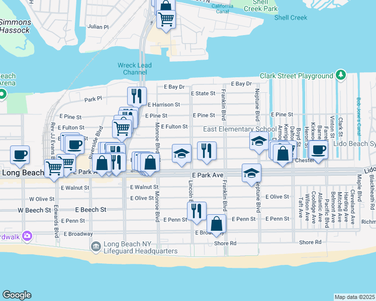 map of restaurants, bars, coffee shops, grocery stores, and more near 471 Lincoln Boulevard in Long Beach