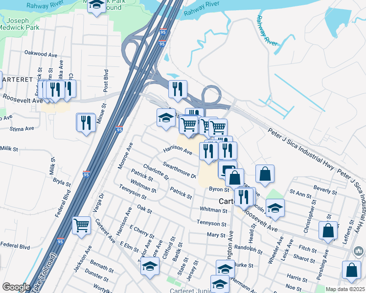 map of restaurants, bars, coffee shops, grocery stores, and more near 41 Harrison Avenue in Carteret
