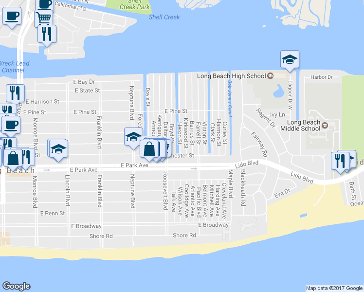 map of restaurants, bars, coffee shops, grocery stores, and more near 10 Heron Street in Long Beach