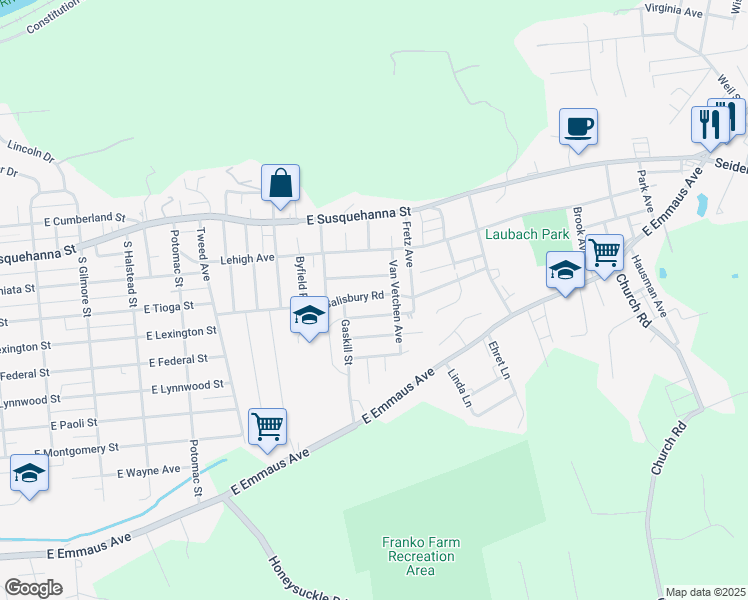 map of restaurants, bars, coffee shops, grocery stores, and more near 1230 Salisbury Road in Allentown