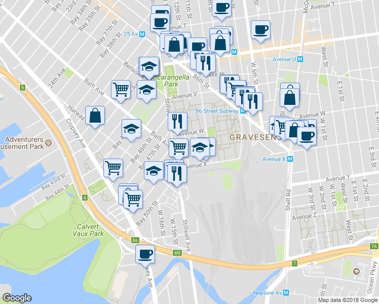map of restaurants, bars, coffee shops, grocery stores, and more near 2349 West 13th Street in Brooklyn