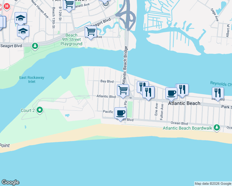 map of restaurants, bars, coffee shops, grocery stores, and more near 112 Bermuda Street in Atlantic Beach