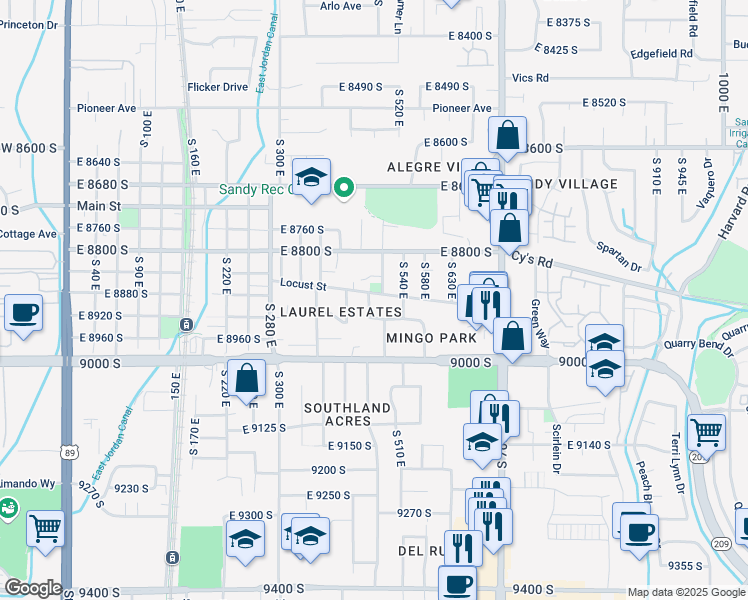 map of restaurants, bars, coffee shops, grocery stores, and more near 8891 Mingo Park Drive in Sandy