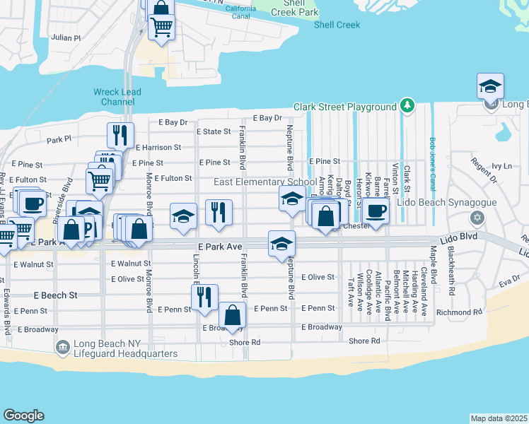 map of restaurants, bars, coffee shops, grocery stores, and more near 532 East Market Street in Long Beach