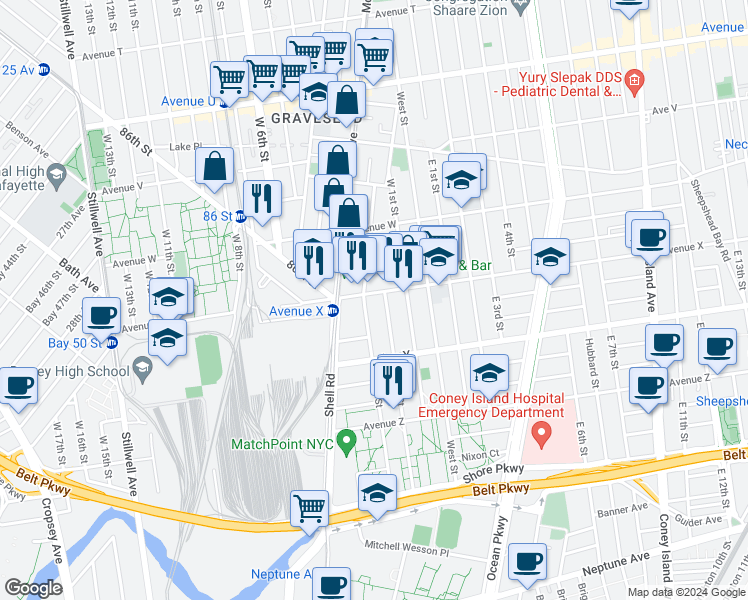 map of restaurants, bars, coffee shops, grocery stores, and more near 286 Avenue X in Brooklyn