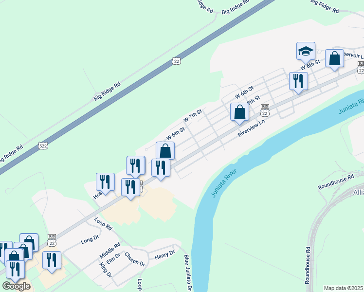 map of restaurants, bars, coffee shops, grocery stores, and more near 1128 West 5th Street in Lewistown