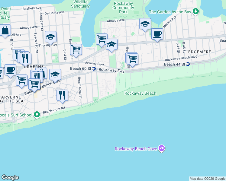 map of restaurants, bars, coffee shops, grocery stores, and more near 119 Beach 56th Place in Queens