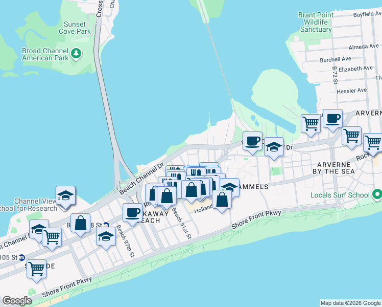 map of restaurants, bars, coffee shops, grocery stores, and more near 3-56 Beach 88th Street in Queens