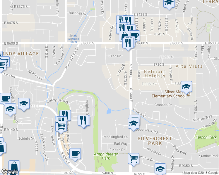map of restaurants, bars, coffee shops, grocery stores, and more near 8864 South 1205 East in Sandy
