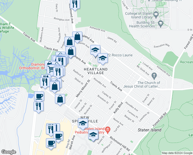 map of restaurants, bars, coffee shops, grocery stores, and more near 687 Klondike Ave in Staten Island