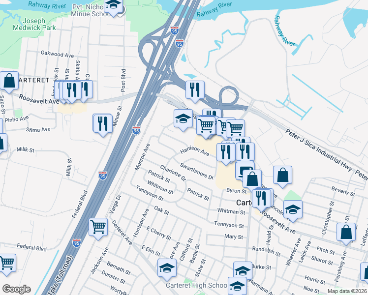 map of restaurants, bars, coffee shops, grocery stores, and more near 31 Harrison Avenue in Carteret