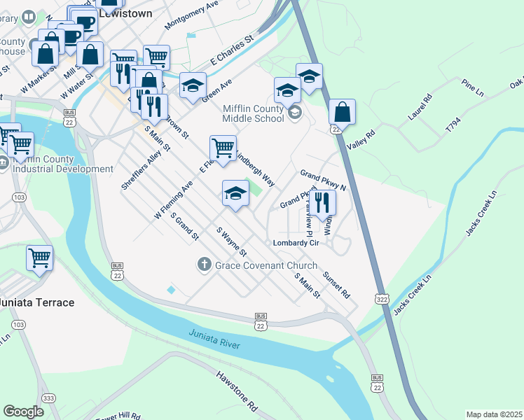 map of restaurants, bars, coffee shops, grocery stores, and more near 21 Grand Parkway North in Lewistown