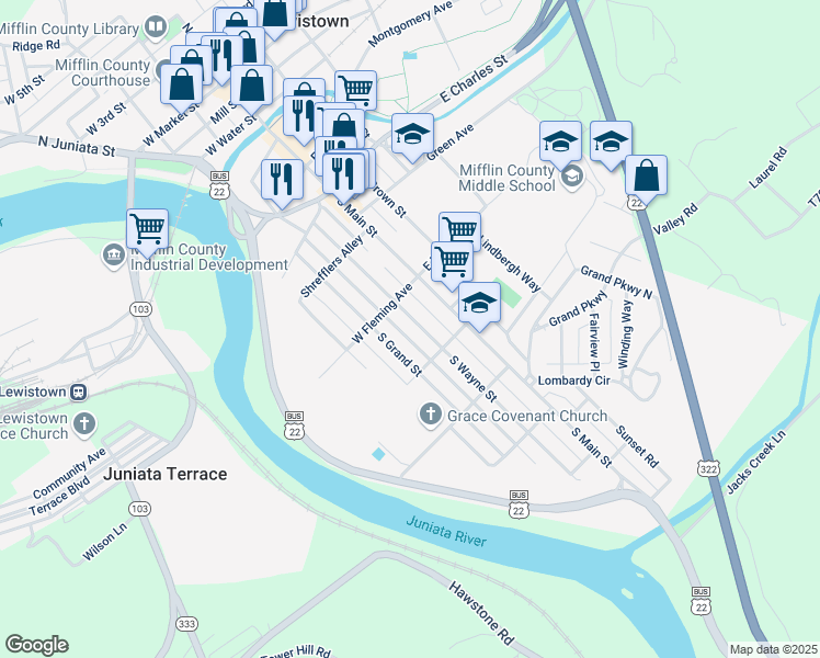 map of restaurants, bars, coffee shops, grocery stores, and more near 514 South Wayne Street in Lewistown