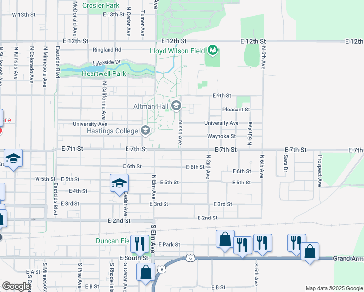 map of restaurants, bars, coffee shops, grocery stores, and more near 717 North Ash Avenue in Hastings