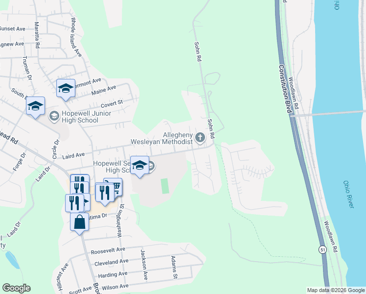 map of restaurants, bars, coffee shops, grocery stores, and more near 1118 Longvue Avenue in Aliquippa