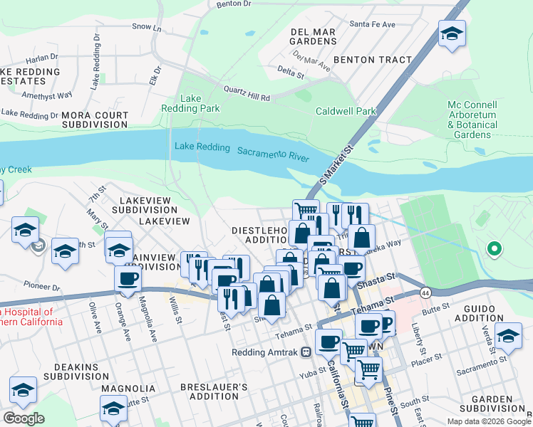 map of restaurants, bars, coffee shops, grocery stores, and more near 1527 Riverside Drive in Redding