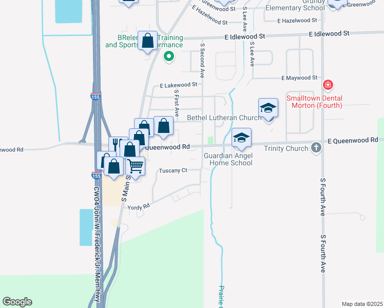 map of restaurants, bars, coffee shops, grocery stores, and more near 190 East Queenwood Road in Morton