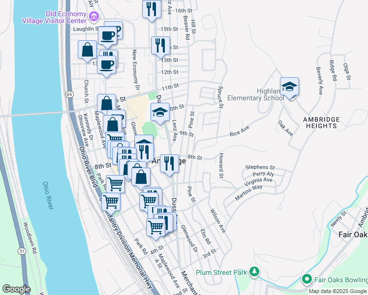 map of restaurants, bars, coffee shops, grocery stores, and more near 811 Pine Street in Ambridge