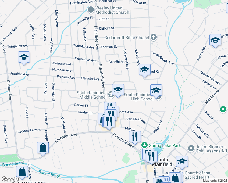map of restaurants, bars, coffee shops, grocery stores, and more near 200 Lake Street in South Plainfield