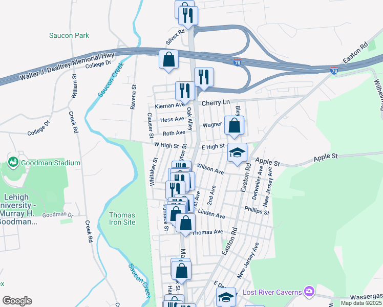 map of restaurants, bars, coffee shops, grocery stores, and more near 1428 Main Street in Hellertown