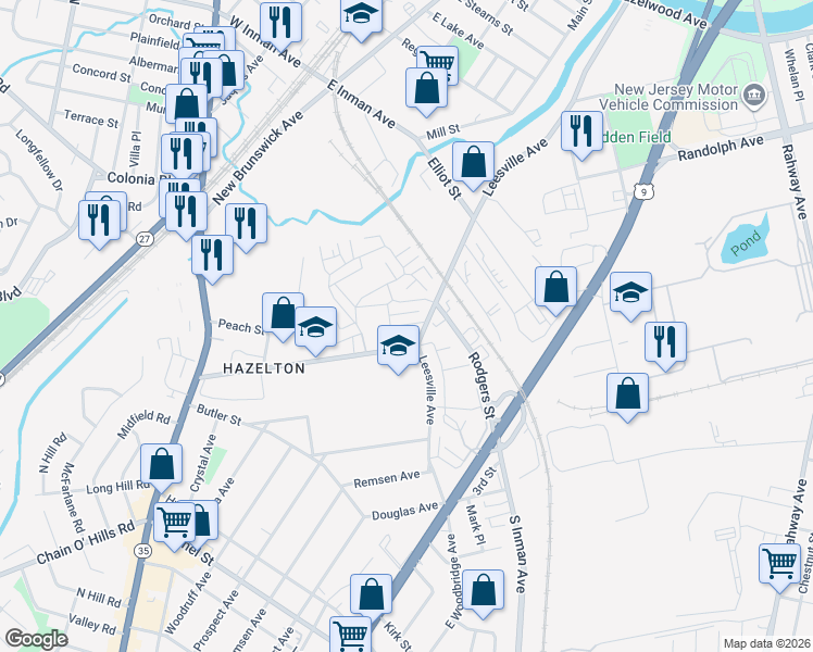 map of restaurants, bars, coffee shops, grocery stores, and more near 3715 South Village Drive in Woodbridge Township