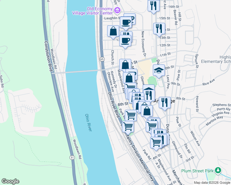 map of restaurants, bars, coffee shops, grocery stores, and more near 907 Kennedy Drive in Ambridge