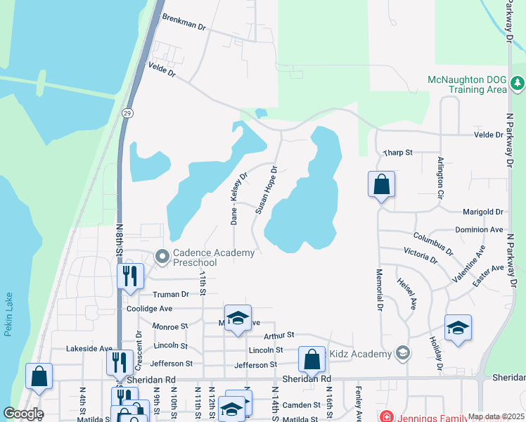 map of restaurants, bars, coffee shops, grocery stores, and more near 1924 Susan Hope Drive in Pekin