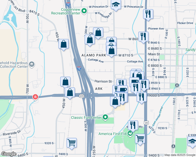 map of restaurants, bars, coffee shops, grocery stores, and more near 172 West Harrison Street in Sandy