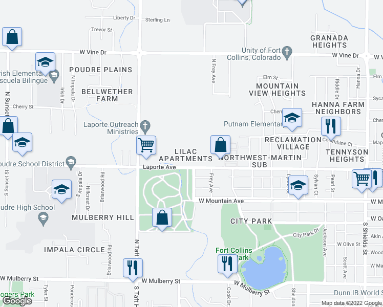 map of restaurants, bars, coffee shops, grocery stores, and more near 1850 Laporte Avenue in Fort Collins