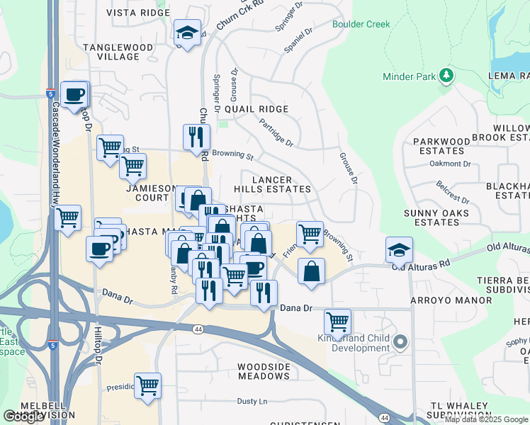 map of restaurants, bars, coffee shops, grocery stores, and more near 1233 Bundy Court in Redding