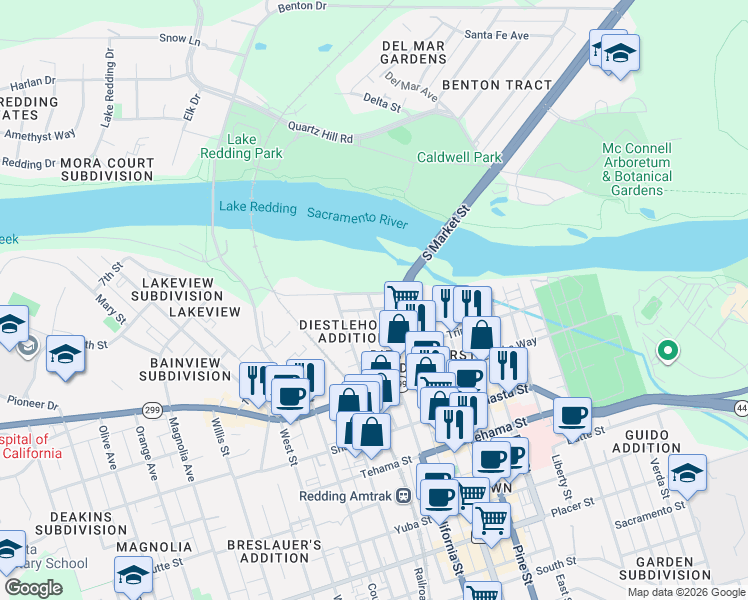 map of restaurants, bars, coffee shops, grocery stores, and more near 1439 Riverside Drive in Redding