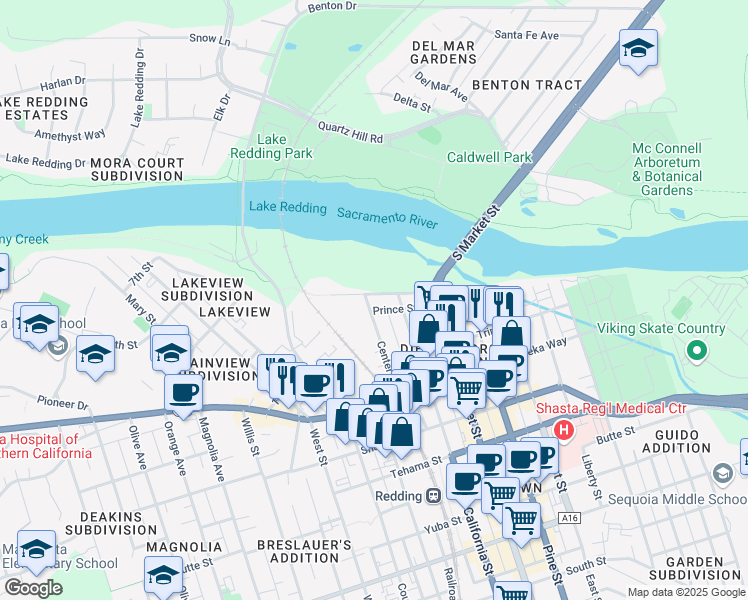 map of restaurants, bars, coffee shops, grocery stores, and more near 1527 Riverside Drive in Redding