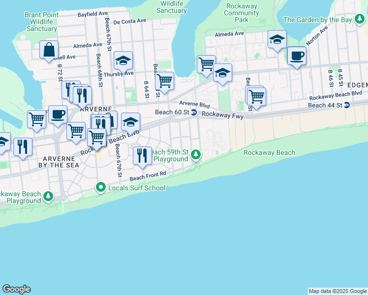 map of restaurants, bars, coffee shops, grocery stores, and more near 125 Beach 60th Street in Queens