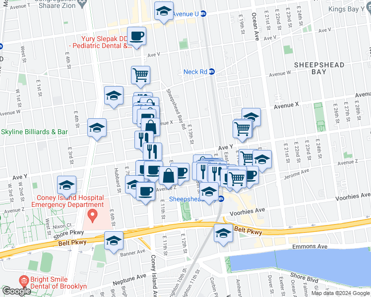 map of restaurants, bars, coffee shops, grocery stores, and more near 2470 Homecrest Avenue in Brooklyn