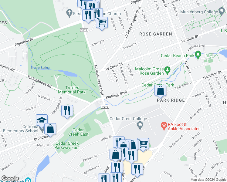 map of restaurants, bars, coffee shops, grocery stores, and more near 3127 Parkway Boulevard in Allentown