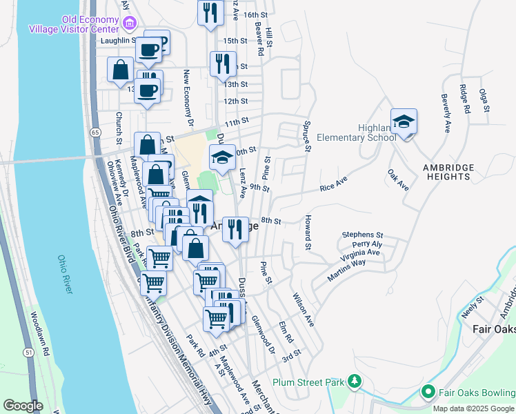 map of restaurants, bars, coffee shops, grocery stores, and more near 811 Pine Street in Ambridge