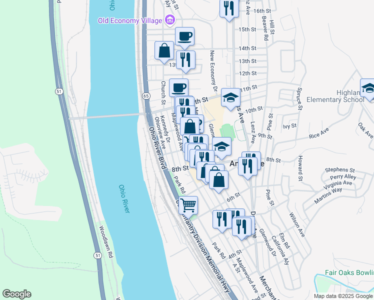 map of restaurants, bars, coffee shops, grocery stores, and more near 836 Maplewood Avenue in Ambridge