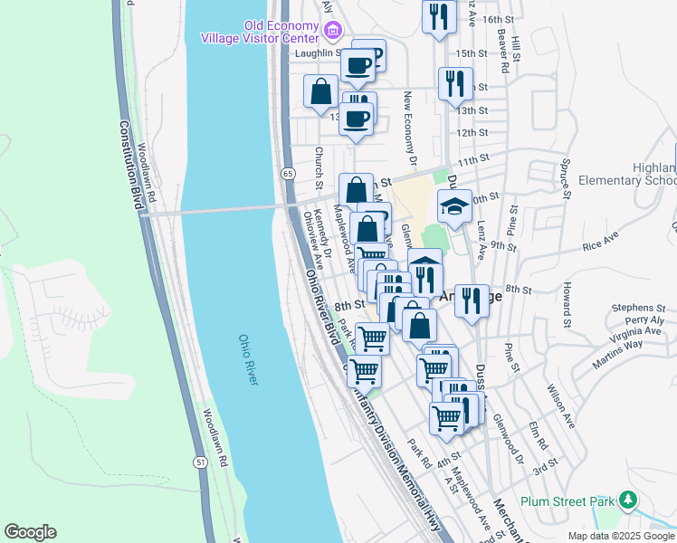 map of restaurants, bars, coffee shops, grocery stores, and more near 907 Kennedy Drive in Ambridge