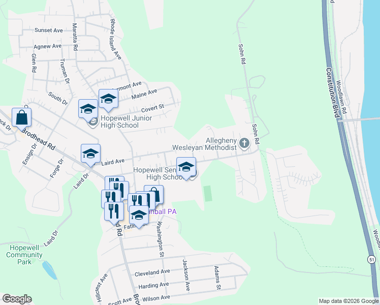 map of restaurants, bars, coffee shops, grocery stores, and more near 1201 Euclid Avenue in Aliquippa
