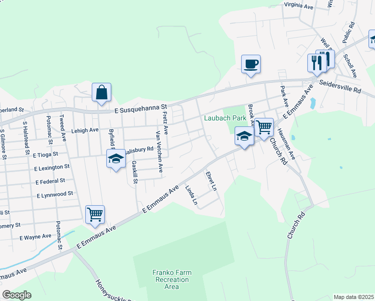 map of restaurants, bars, coffee shops, grocery stores, and more near 1433 Pearl Street in Allentown