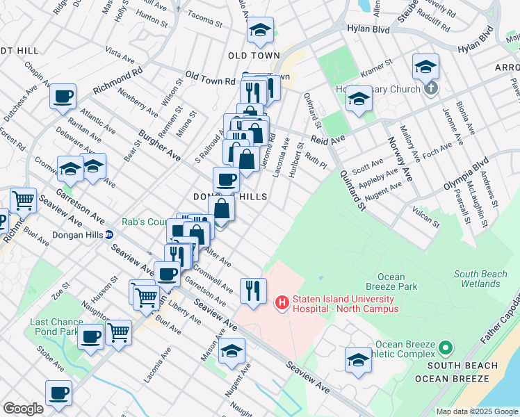 map of restaurants, bars, coffee shops, grocery stores, and more near 369 Burgher Avenue in Staten Island