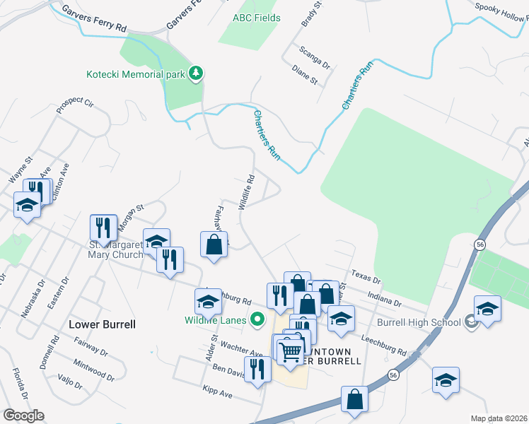 map of restaurants, bars, coffee shops, grocery stores, and more near 923 Wildlife Lodge Rd in New Kensington